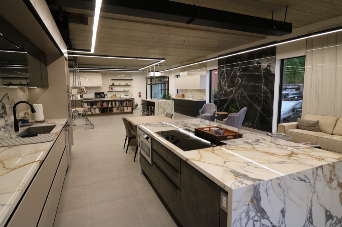 Kitchen vignette with marble waterfall island